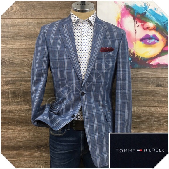 TOMMY HILFIGER Mens Blazer Sport Coat Casual Jacket Size 40L Linen‎ Cotton Suit - Picture 1 of 13
